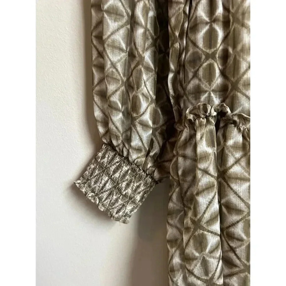 Olivaceous Sage Olive Green and White Mock Neck Dress with Smocking, Long Sleeve - Picture 6 of 9